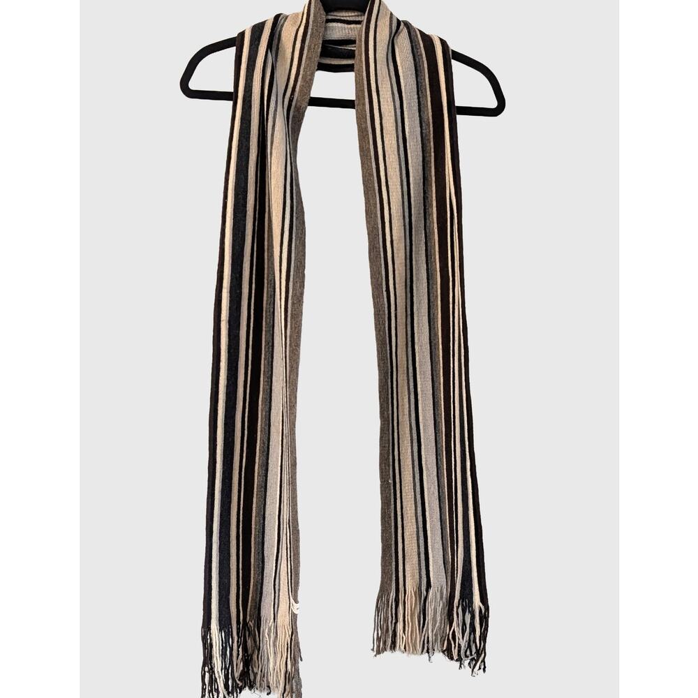 Smartwool Striped Wool Scarf Neutral Brown Black Fringe 74" Long